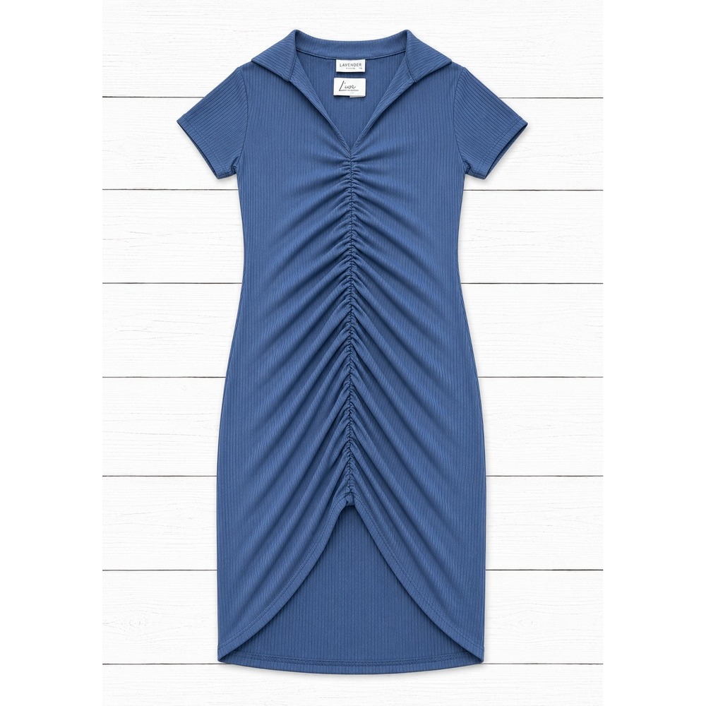 Livi by Olivia Rae Blue Ribbed Ruched Bodycon Dress Short Sleeve VNeck Small NWT